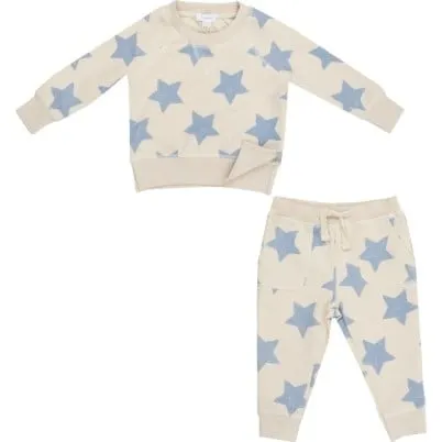 Angel Dear French Terry Sketchy Stars Blue Raglan Sweatshirt And Jogger Set, Ivory