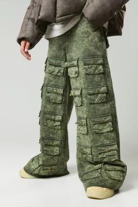 Baggy Fit Multi Cargo Distressed Washed Trousers