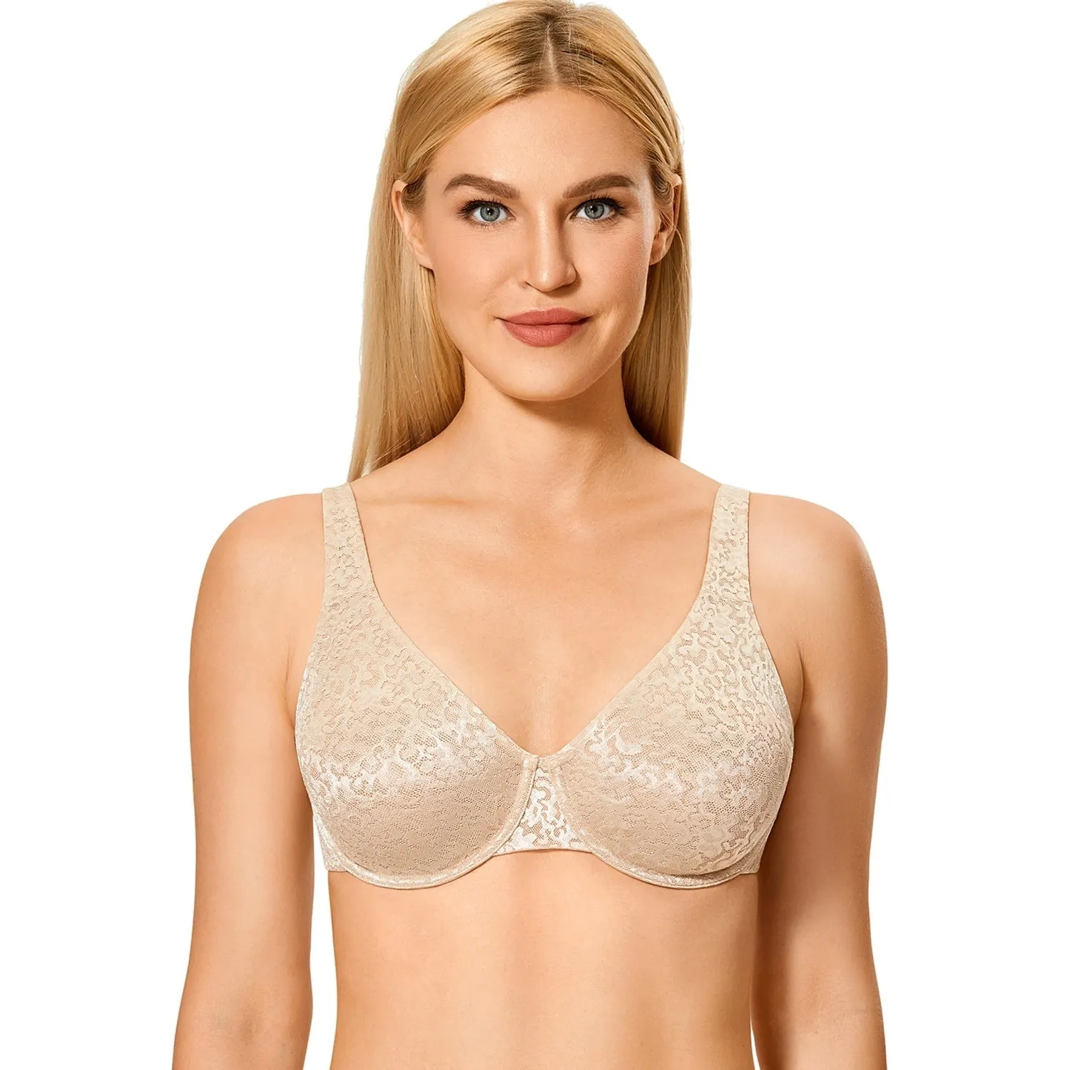 Beige Floral Jacquard Full Coverage Seamless Unlined Bra for Women