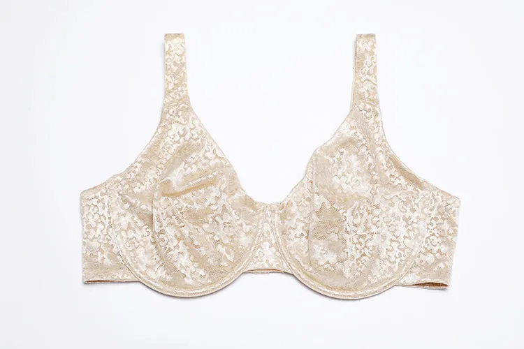 Beige Floral Jacquard Full Coverage Seamless Unlined Bra for Women