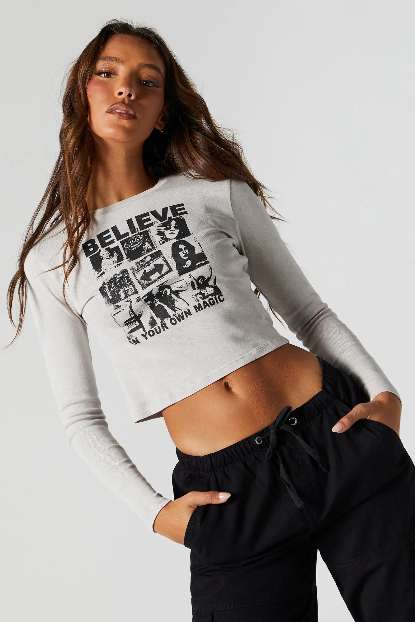 Believe Graphic Cropped Sleeve Top