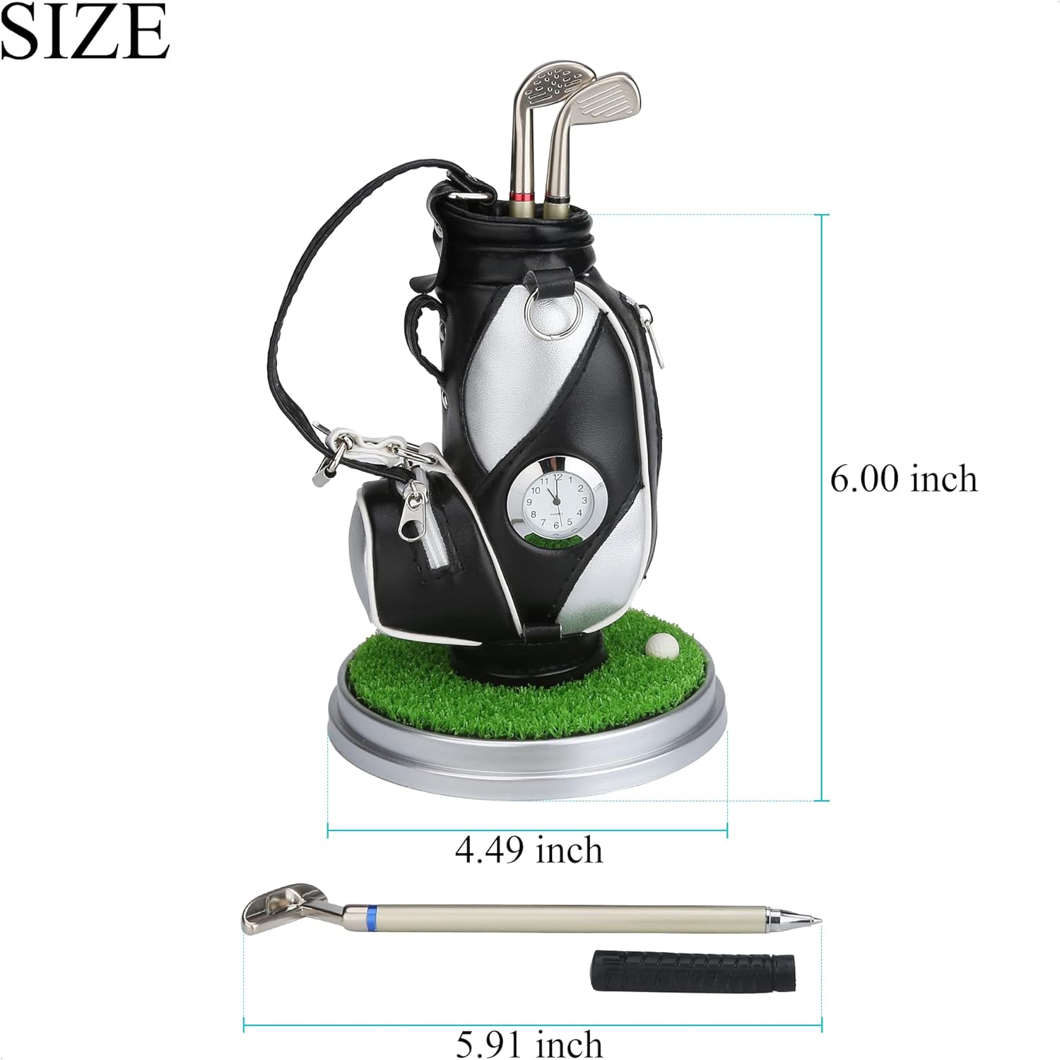 Black and Silve Mini Desktop Golf Bag Pen Holder with Golf Pens Clock Novelty Gift