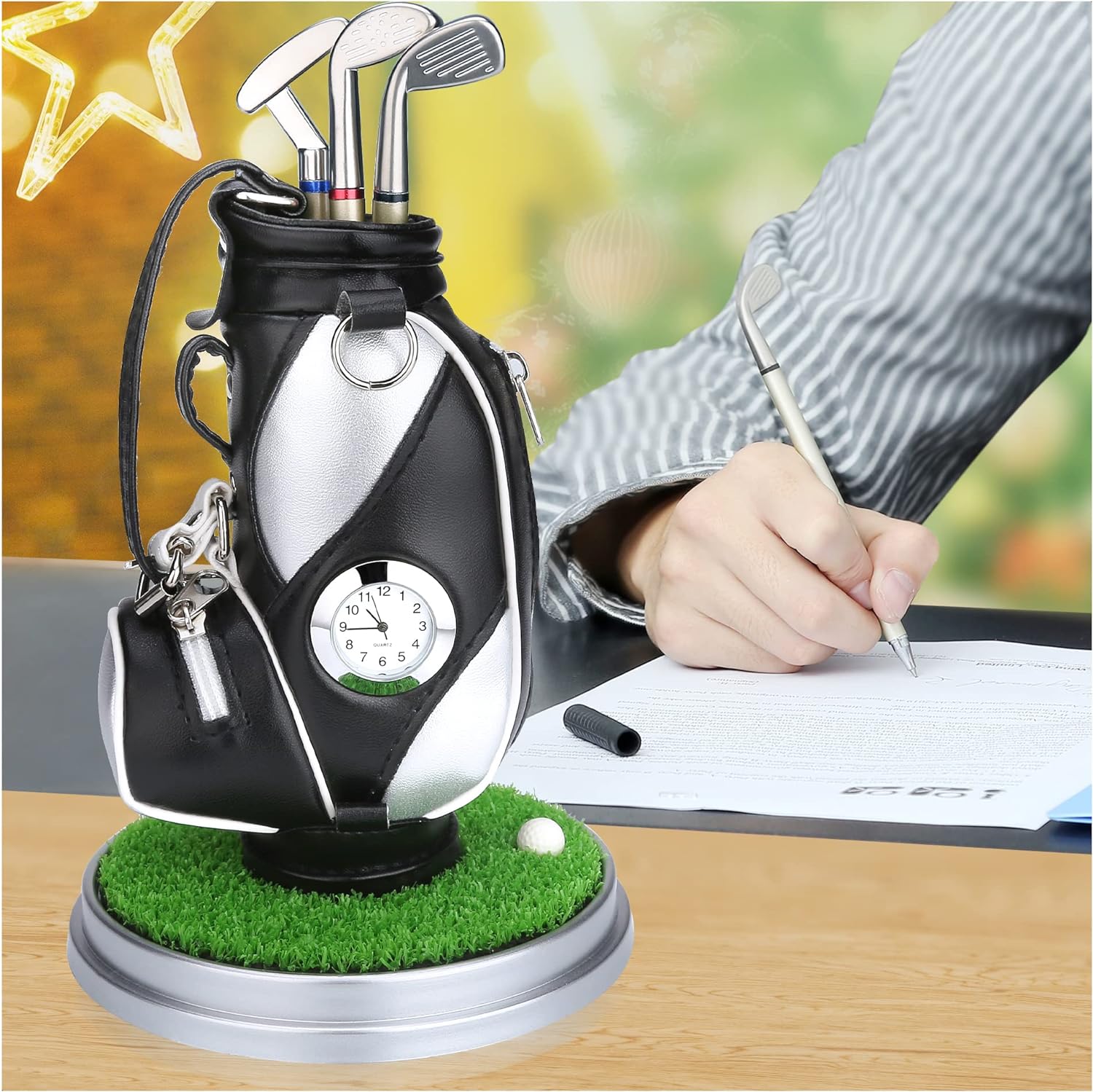 Black and Silve Mini Desktop Golf Bag Pen Holder with Golf Pens Clock Novelty Gift