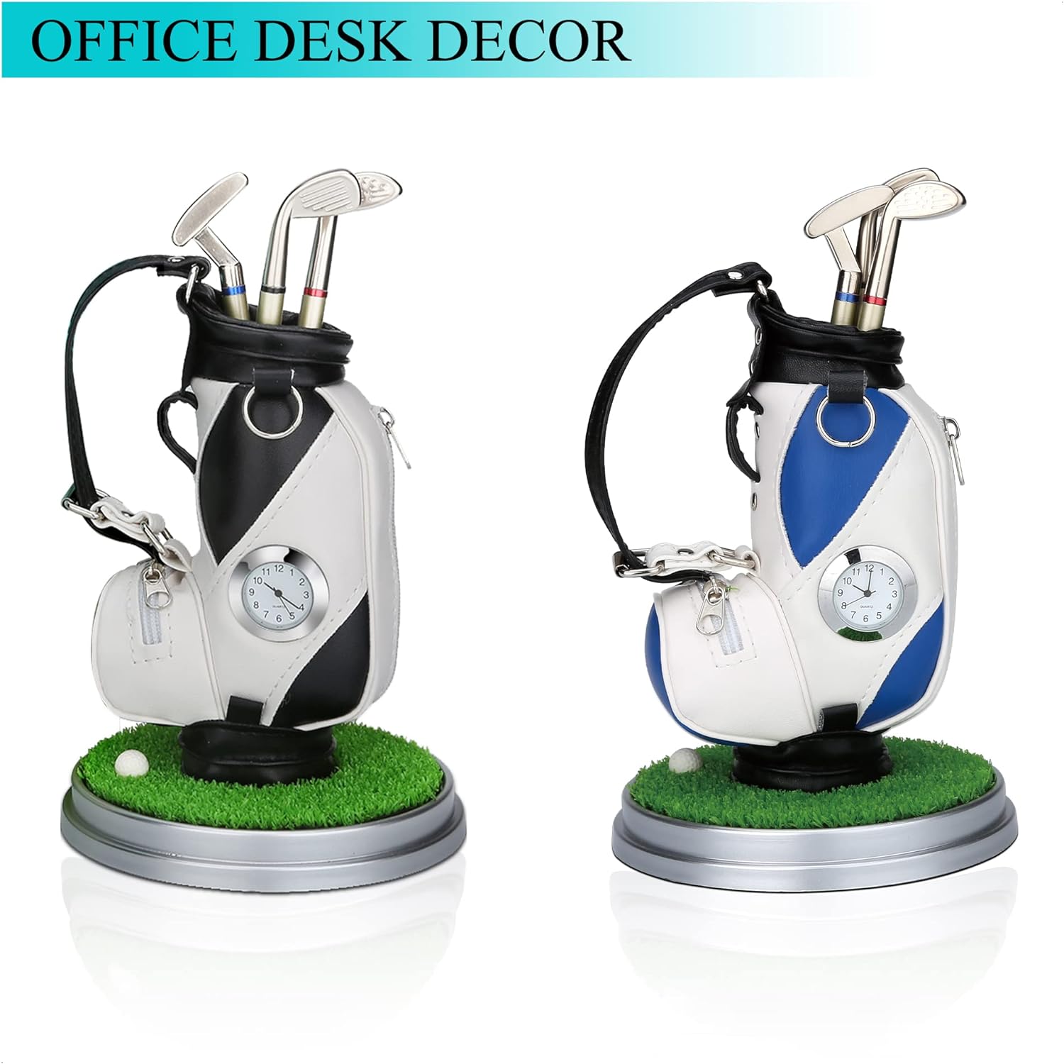 Black and Silve Mini Desktop Golf Bag Pen Holder with Golf Pens Clock Novelty Gift