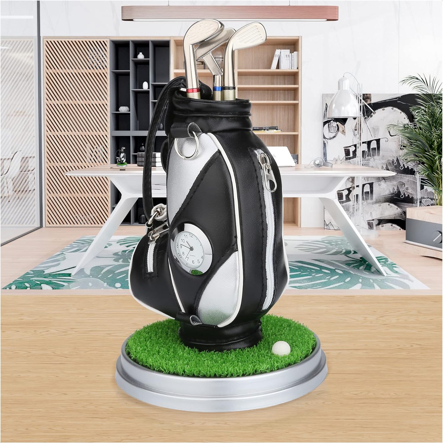 Black and Silve Mini Desktop Golf Bag Pen Holder with Golf Pens Clock Novelty Gift