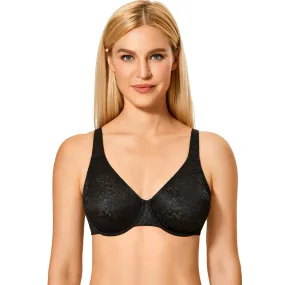 Black Floral Jacquard Full Coverage Seamless Unlined Bra for Women