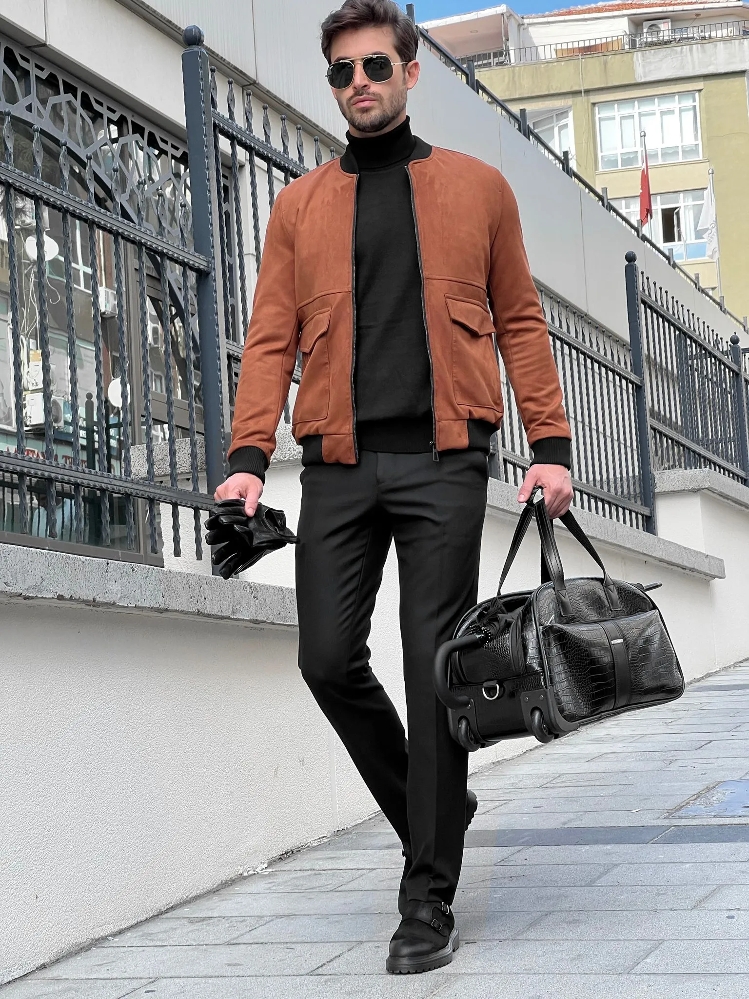 Bojoni Astoria Slim Fit Suede Camel Leather Coat