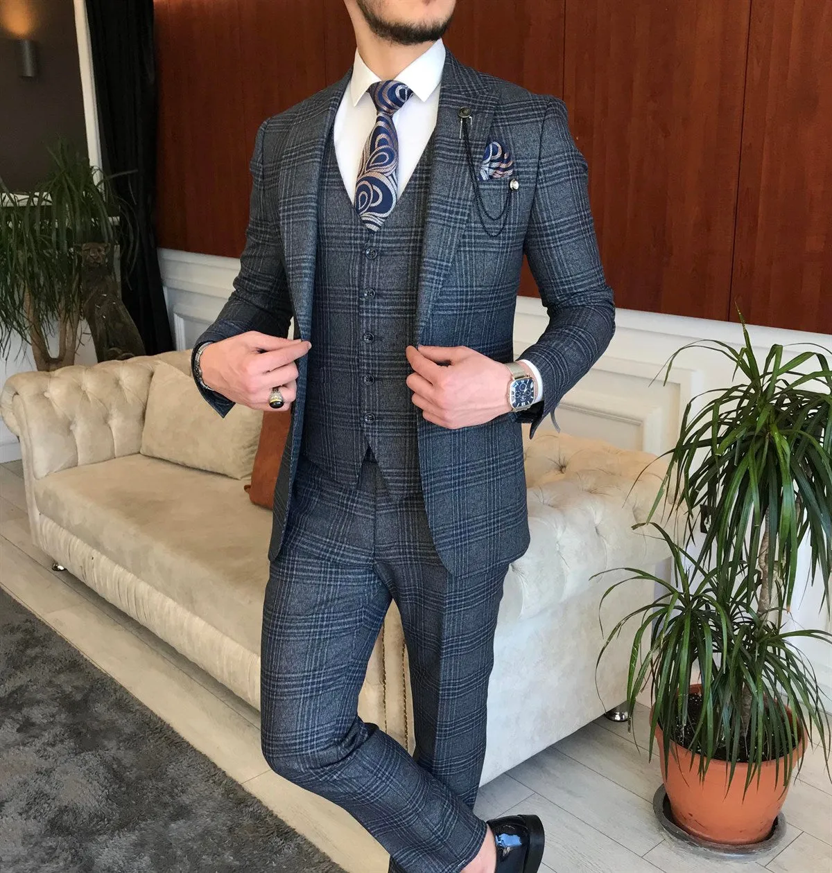 Bojoni Navy Plaid Slim-Fit Suit 3-Piece