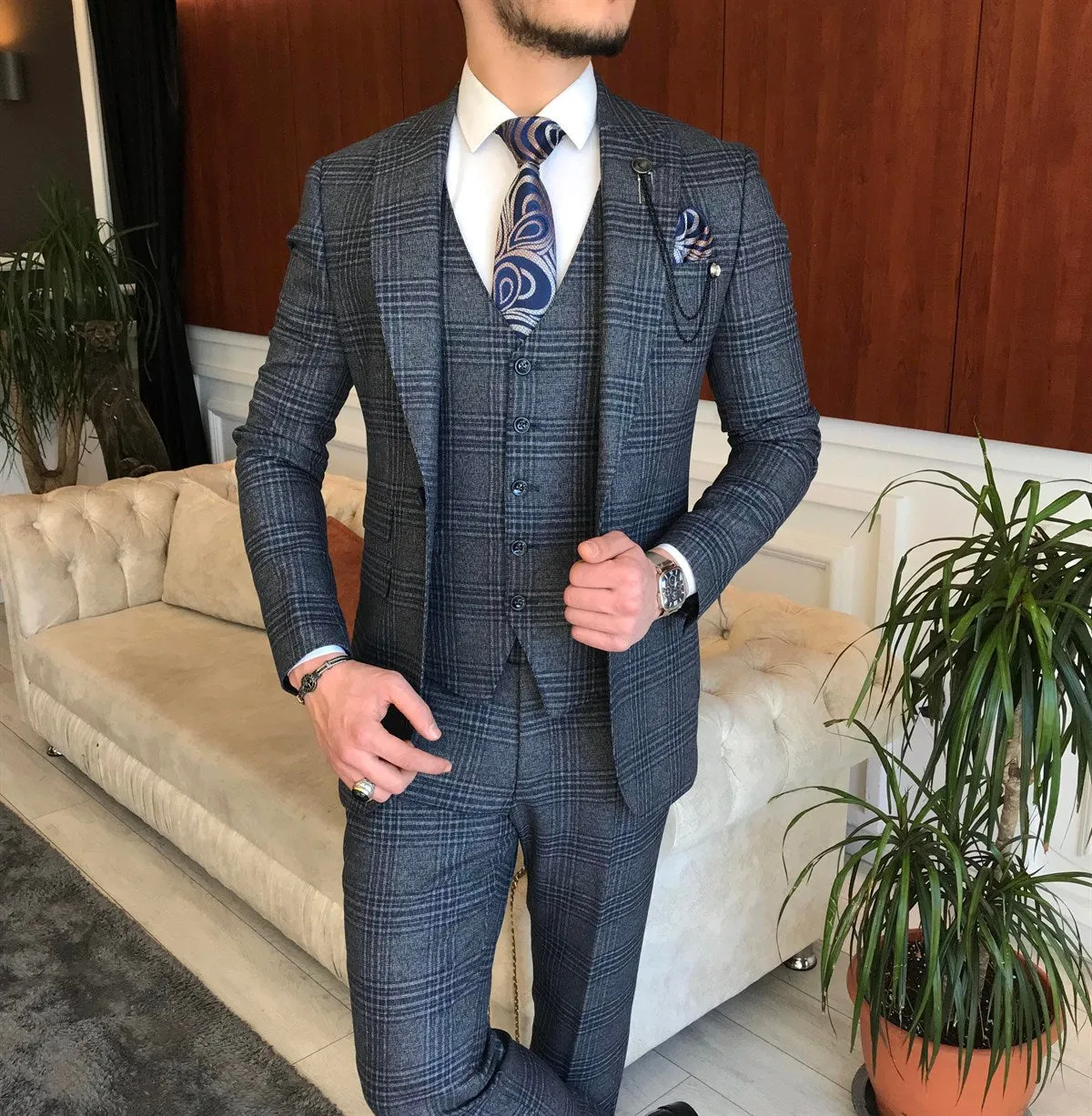 Bojoni Navy Plaid Slim-Fit Suit 3-Piece