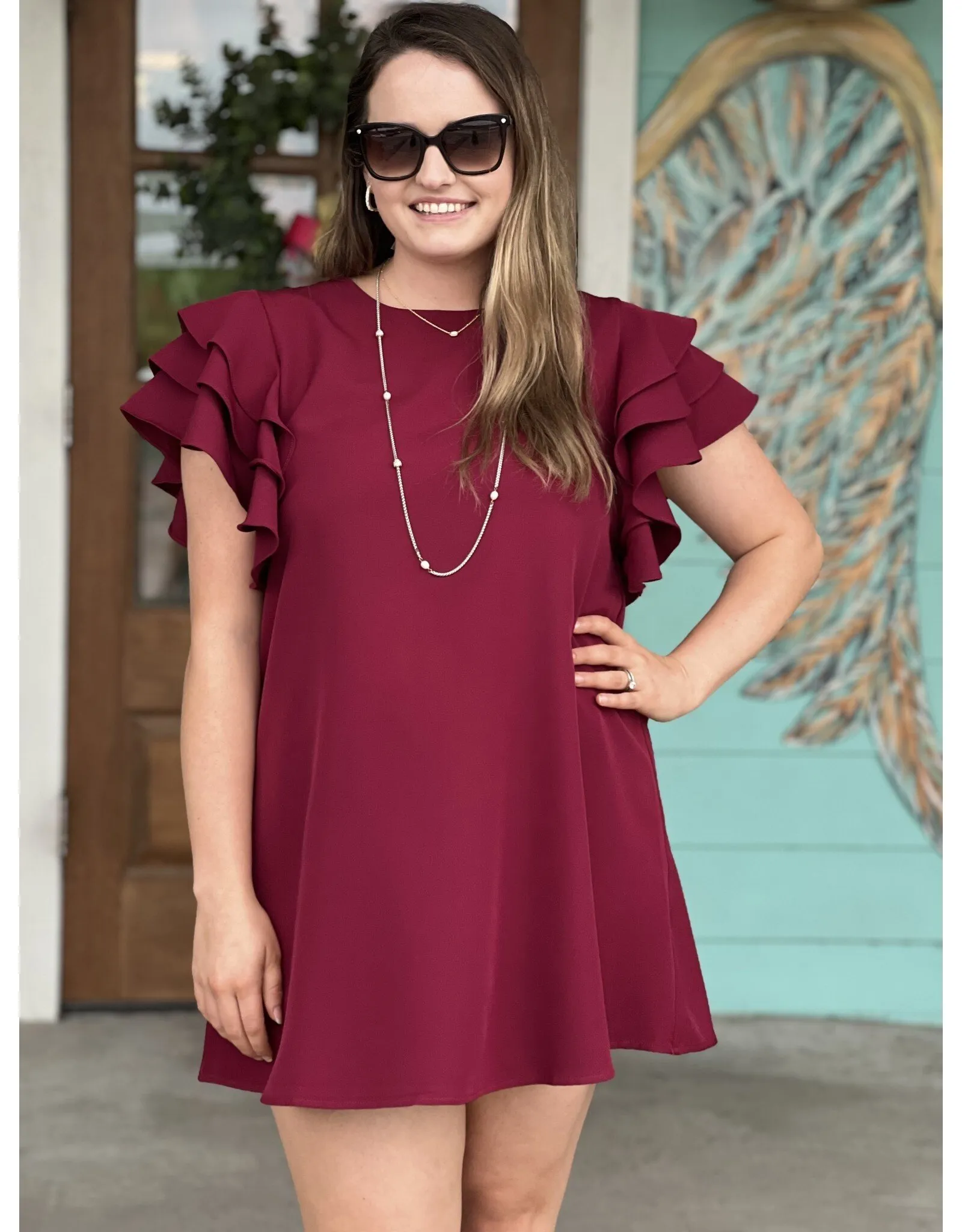 Burgundy Ruffle Sleeve Shift Dress