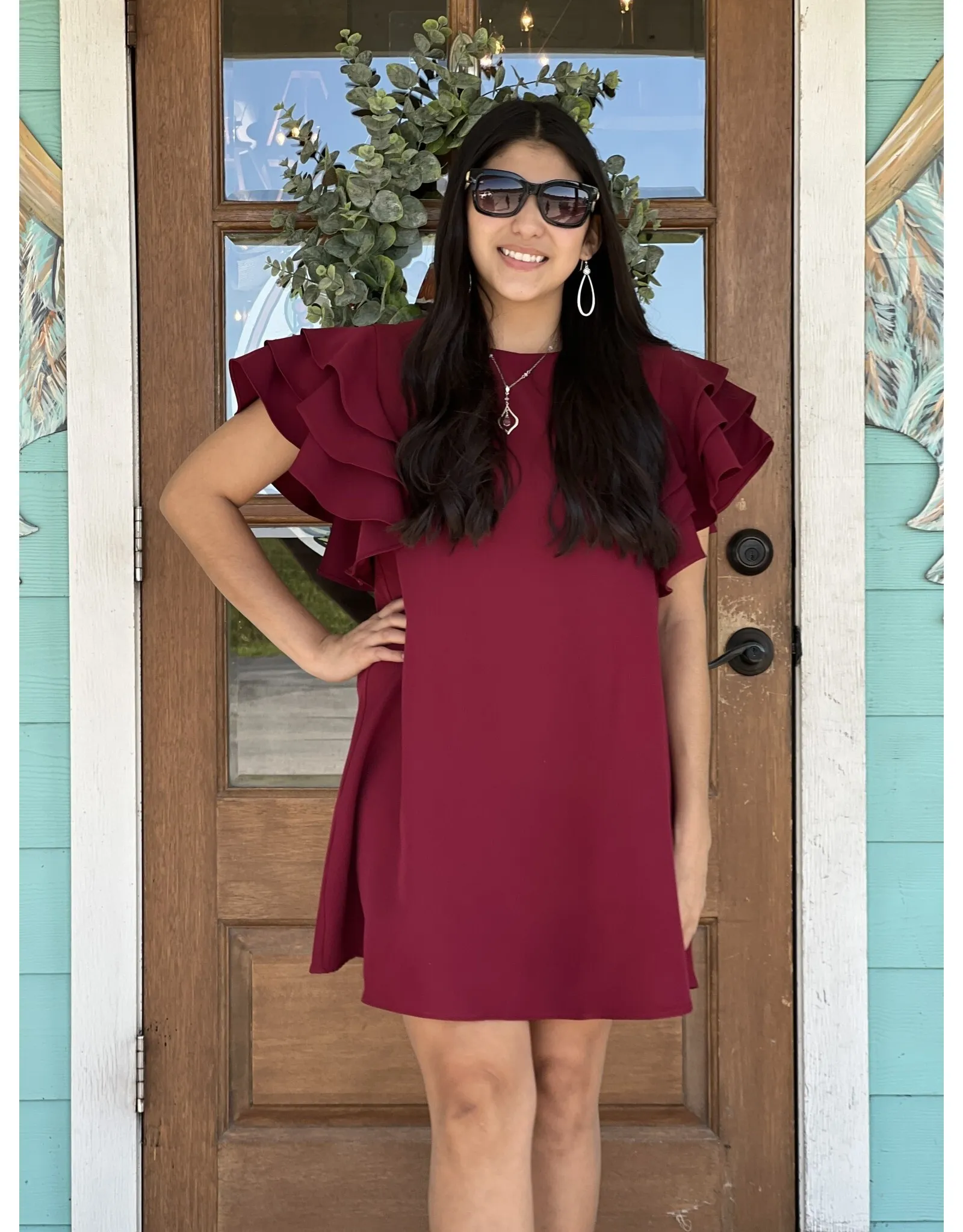 Burgundy Ruffle Sleeve Shift Dress