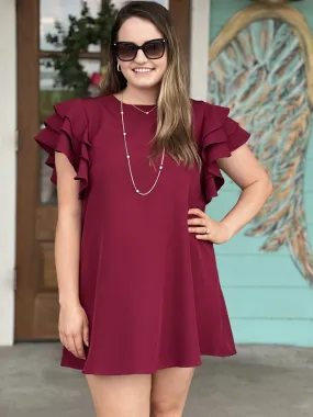 Burgundy Ruffle Sleeve Shift Dress