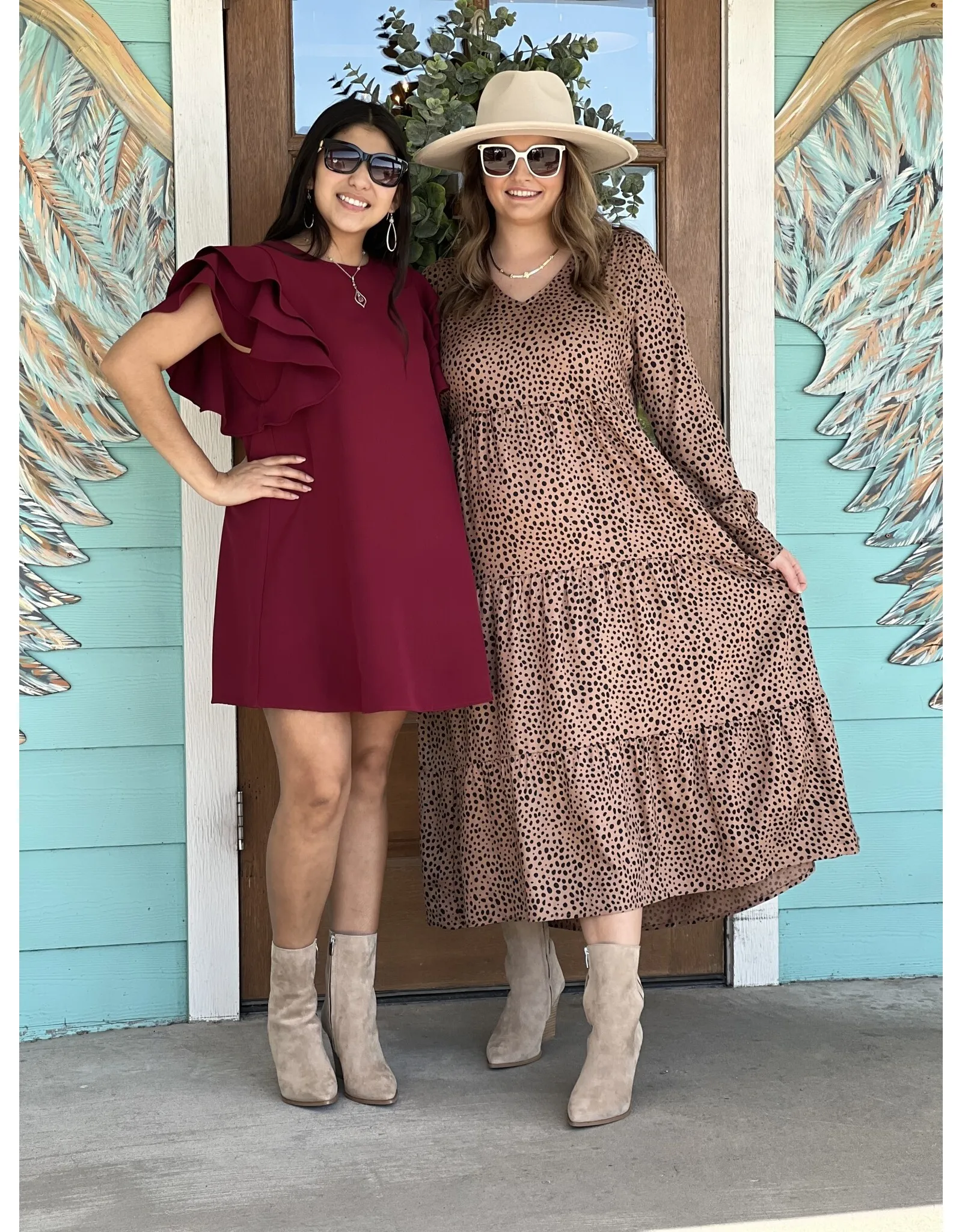 Burgundy Ruffle Sleeve Shift Dress