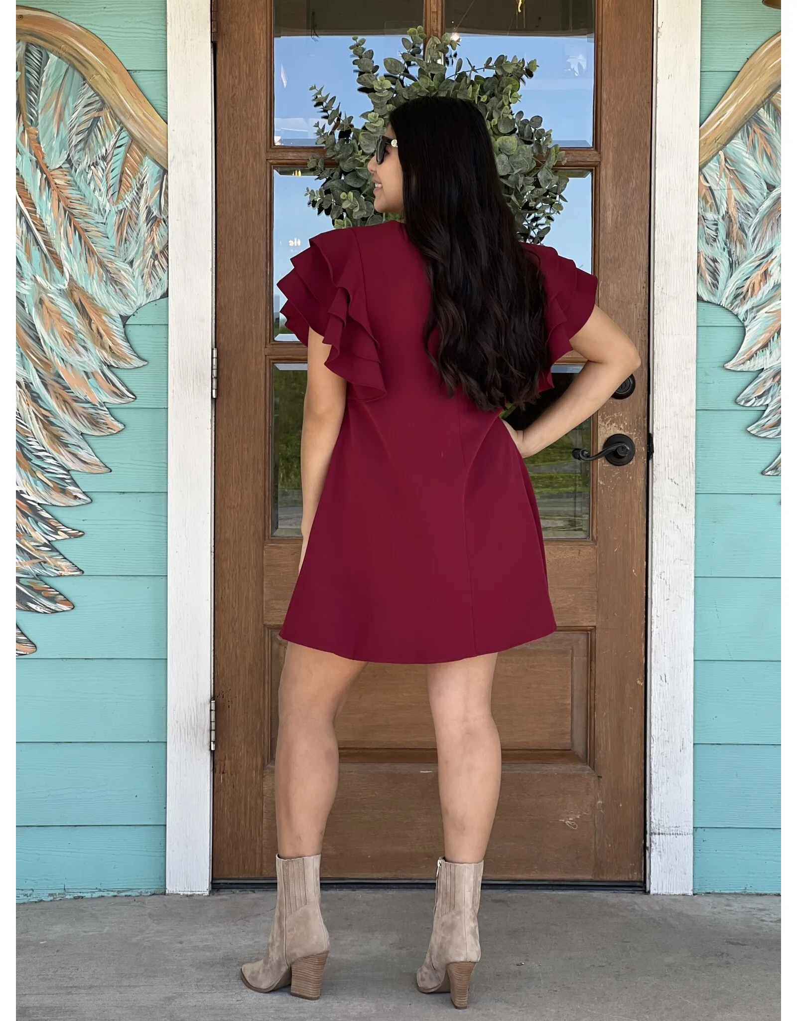 Burgundy Ruffle Sleeve Shift Dress