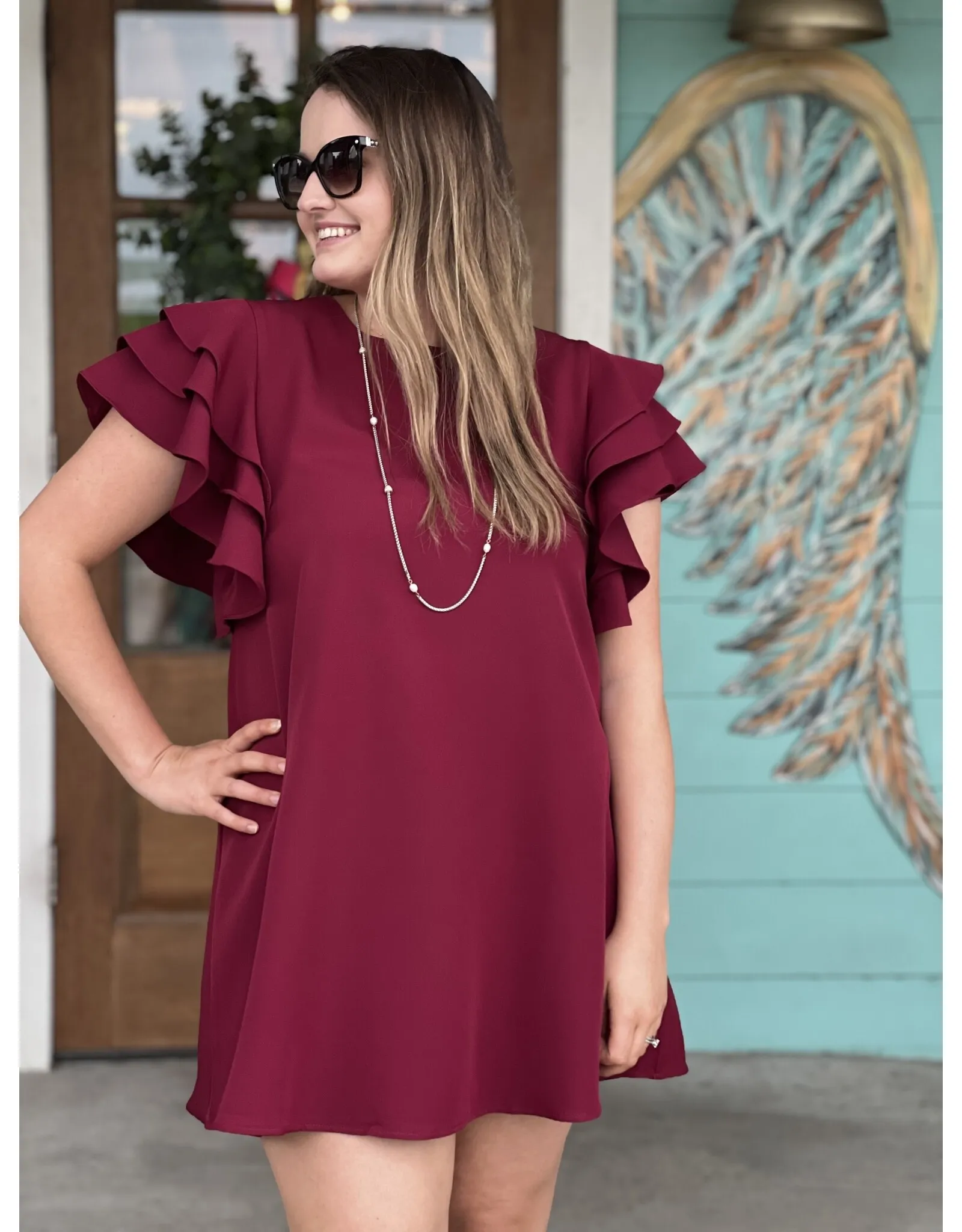 Burgundy Ruffle Sleeve Shift Dress