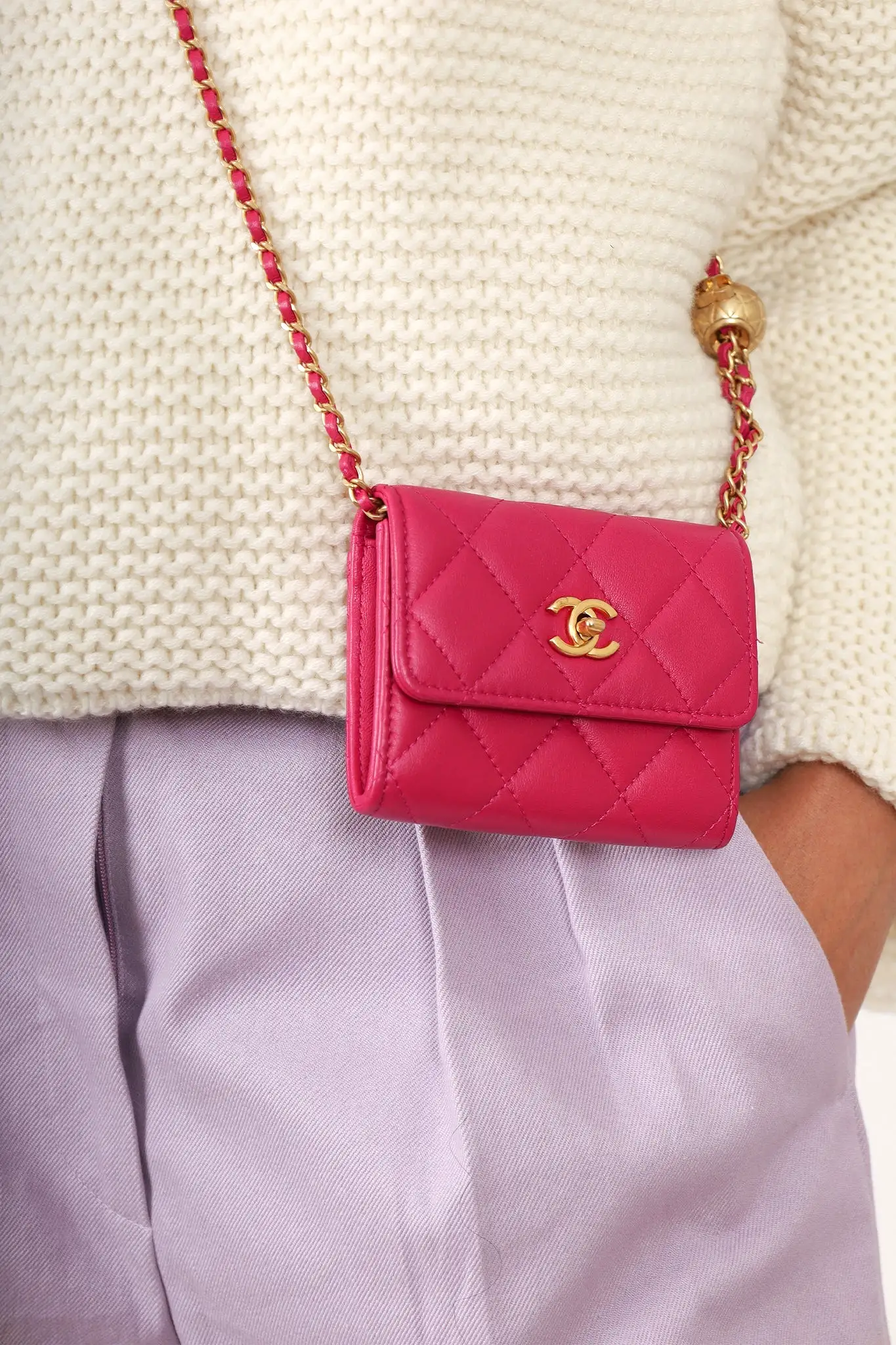 Chanel Pink Quilted Leather Pearl Crush Mini Wallet with Chain