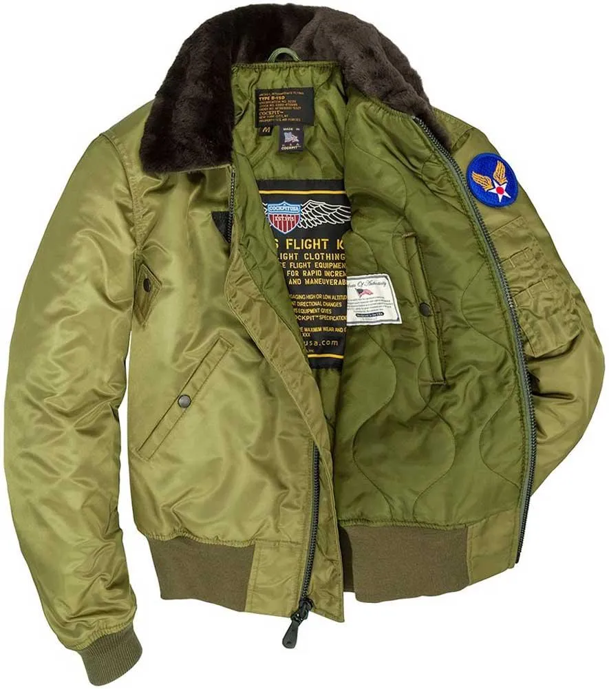 Cockpit USA Mens B-15 1943 Replica Olive Nylon Flight Jacket