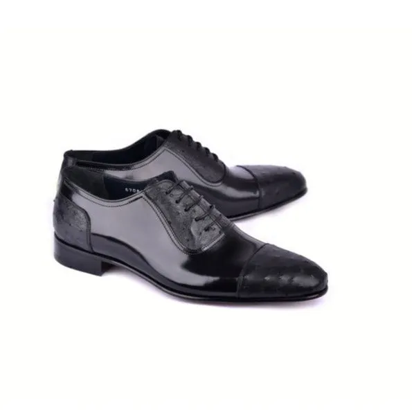 Corrente C0001301-6708 Men's Shoes Black Ostrich / Patent Leather Wingtip Cap-Toe Oxfords (CRT1495)