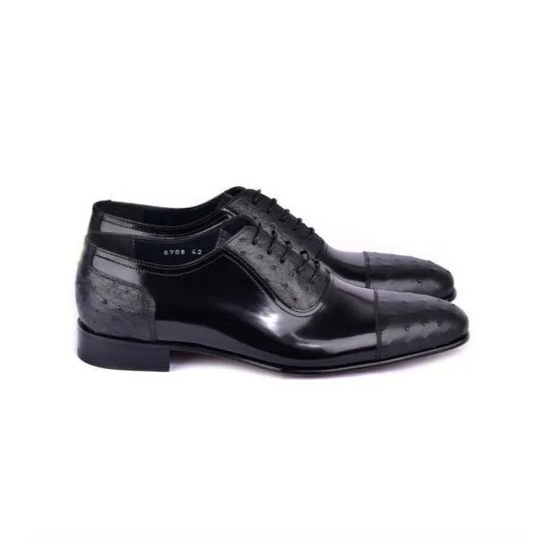 Corrente C0001301-6708 Men's Shoes Black Ostrich / Patent Leather Wingtip Cap-Toe Oxfords (CRT1495)