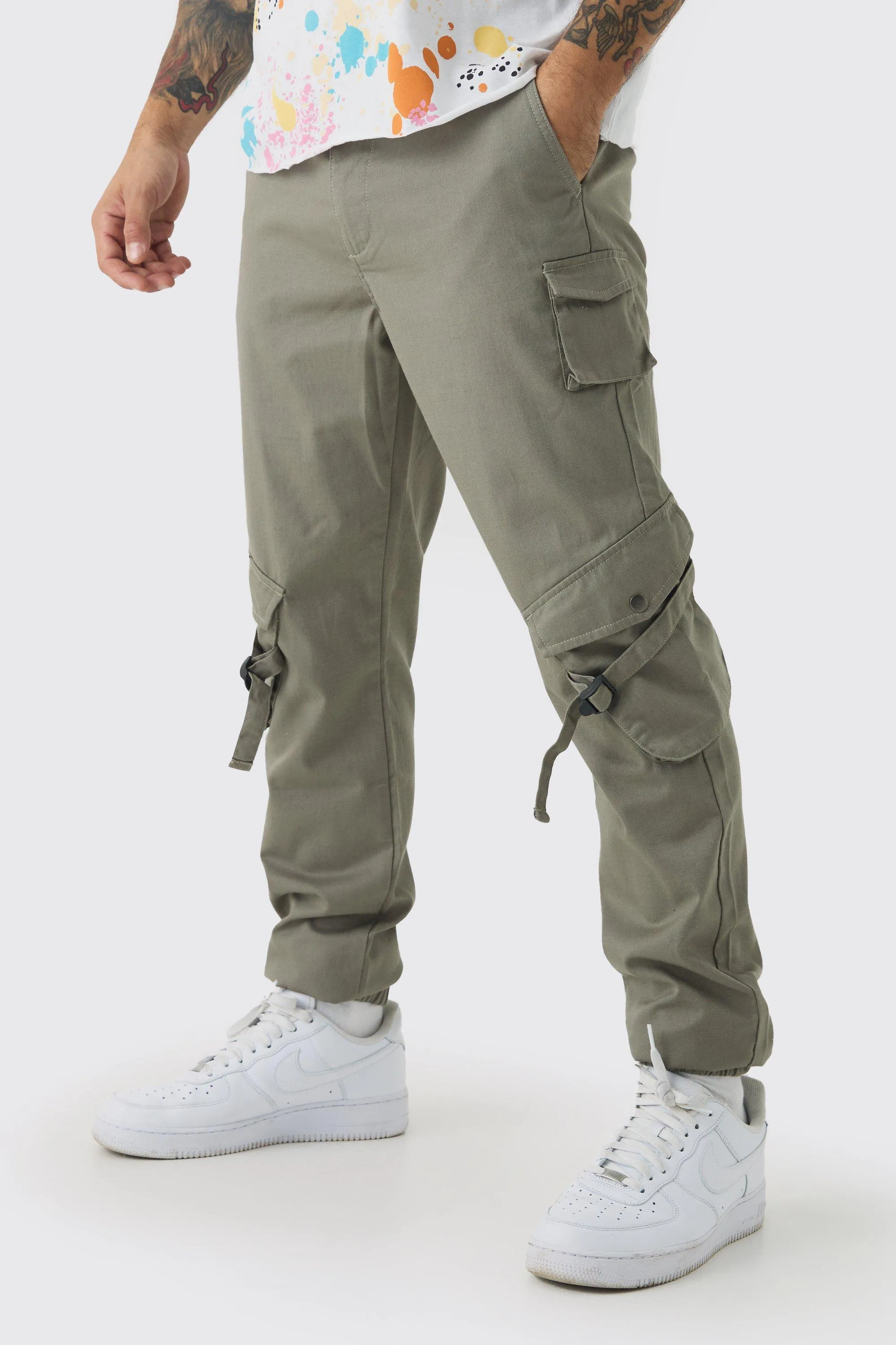 Elasticated Waist Slim Cuffed Ripstop Buckle Cargo Trousers