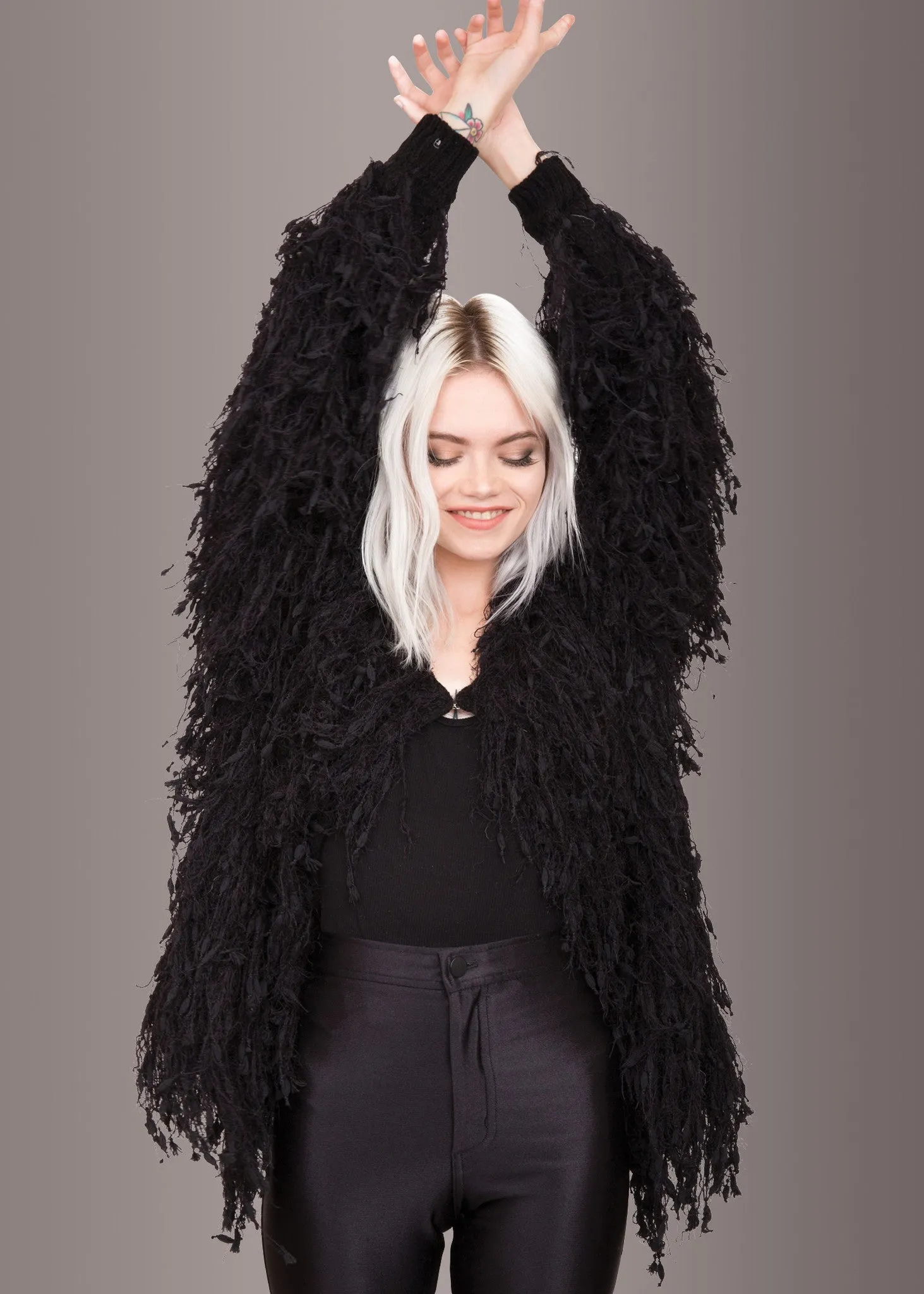 Fab Fringe Black Shaggy Open Jacket