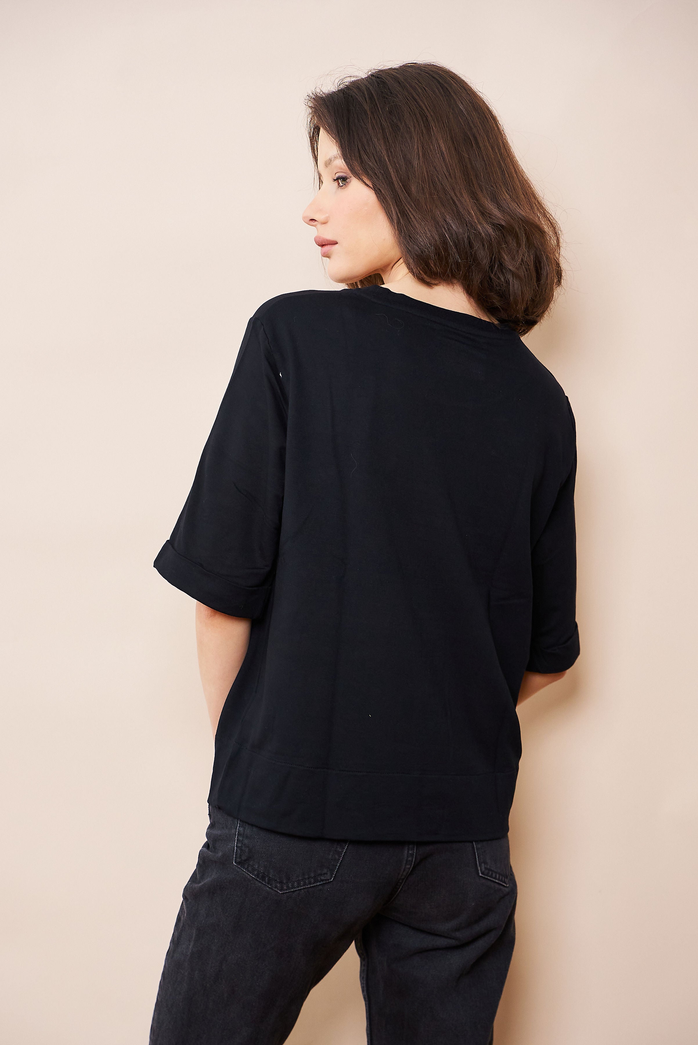 French Terry Semi Relaxed Elbow Sleeve Pullover in Noir