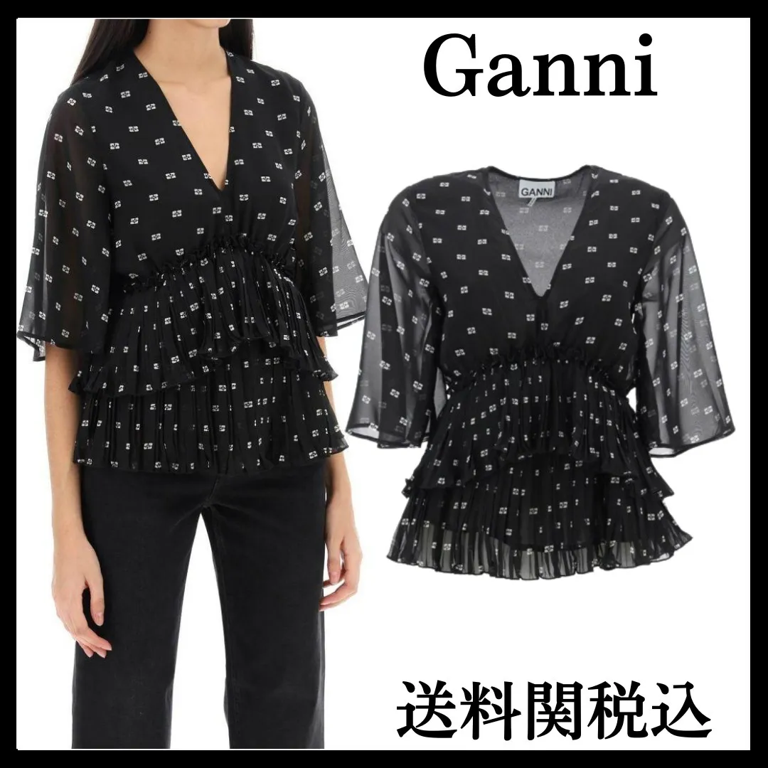 Ganni  |Casual Style Short Sleeves Elegant Style Shirts & Blouses