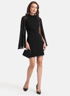 Kazo Black Neck Embellished Mini Dress With Cape Sleeves