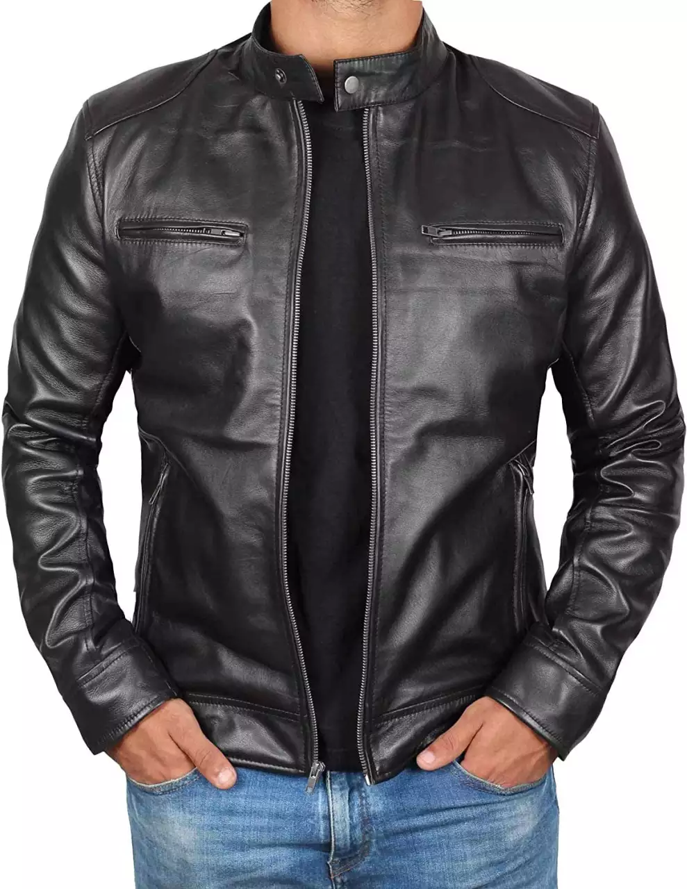 Lambskin Black Cafe Racer Leather Jacket for Tall Men