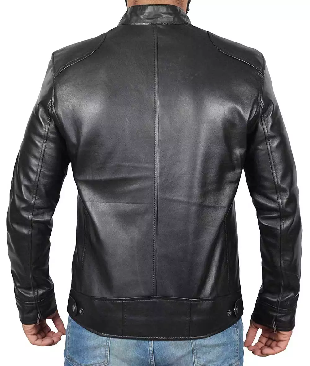 Lambskin Black Cafe Racer Leather Jacket for Tall Men