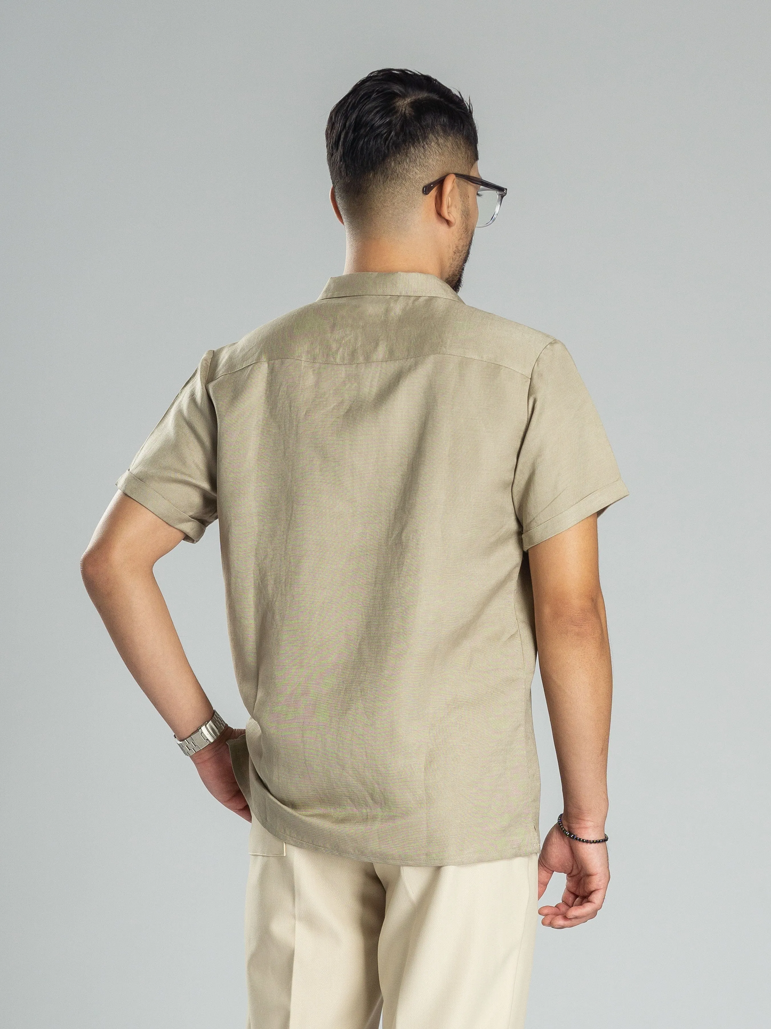 Linen Cuban Collar Shirt - Beige