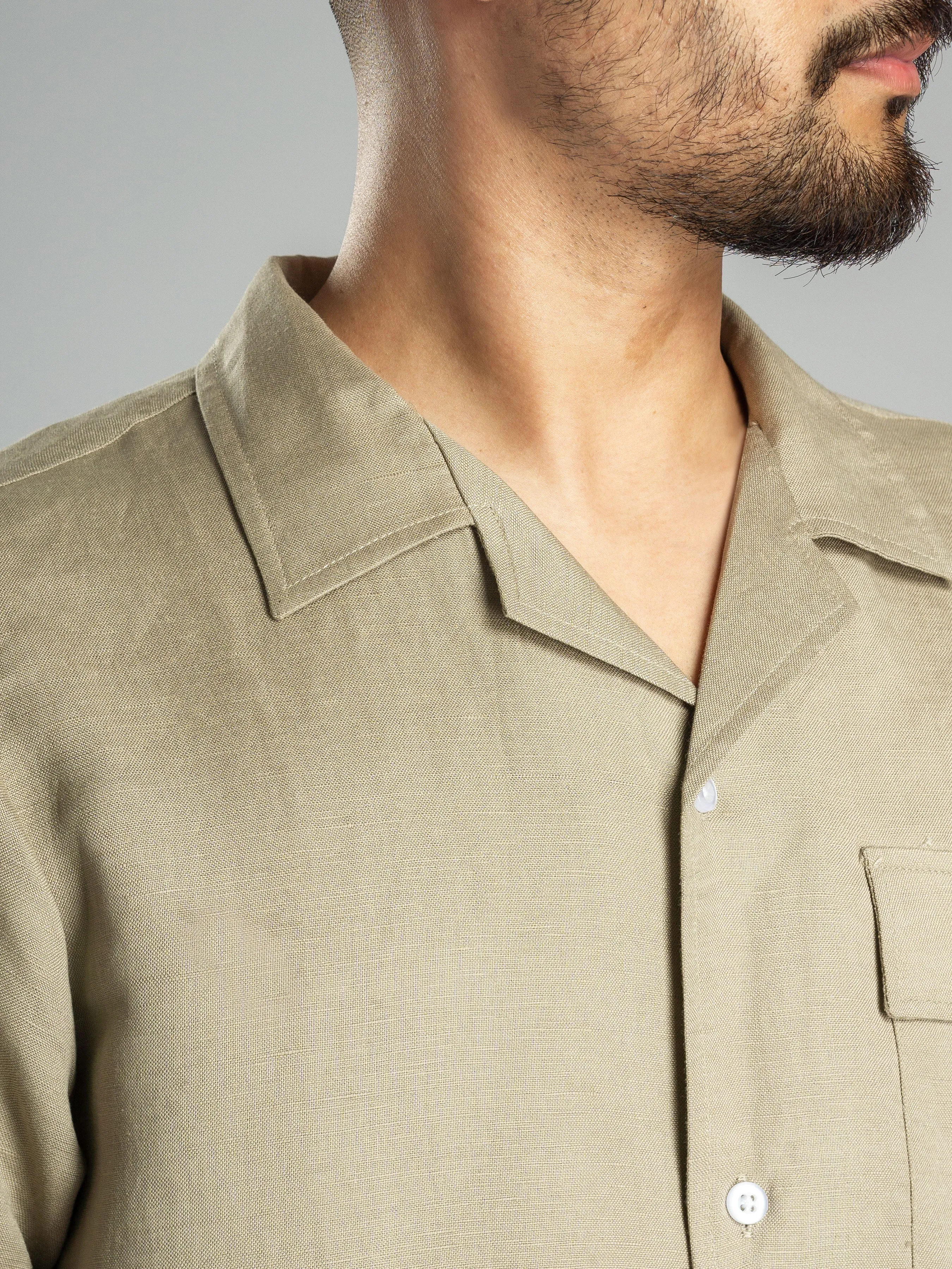 Linen Cuban Collar Shirt - Beige