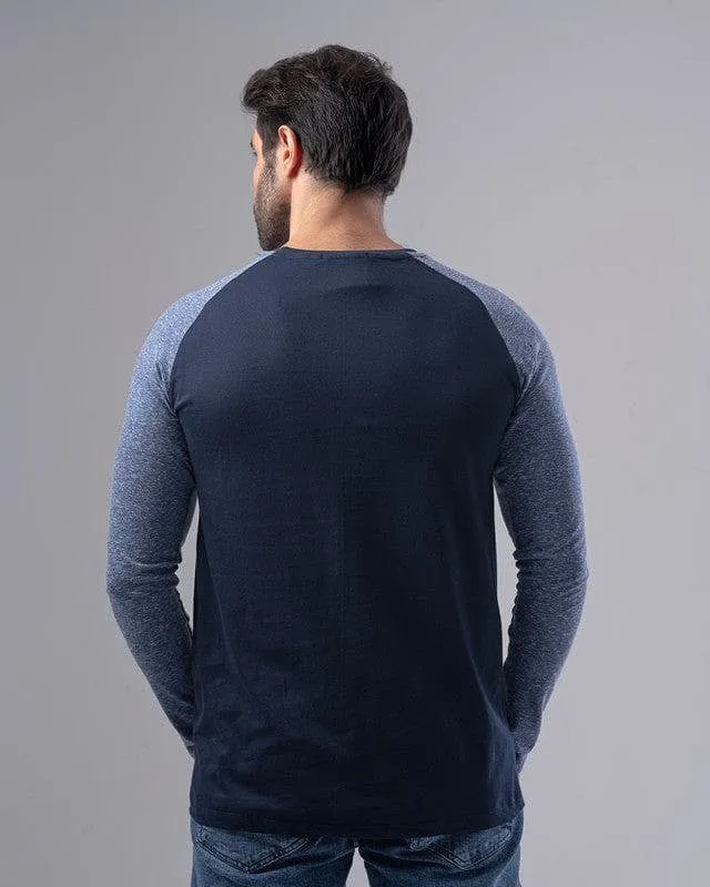 Long raglan sleeve print T-shirt  - NAVY