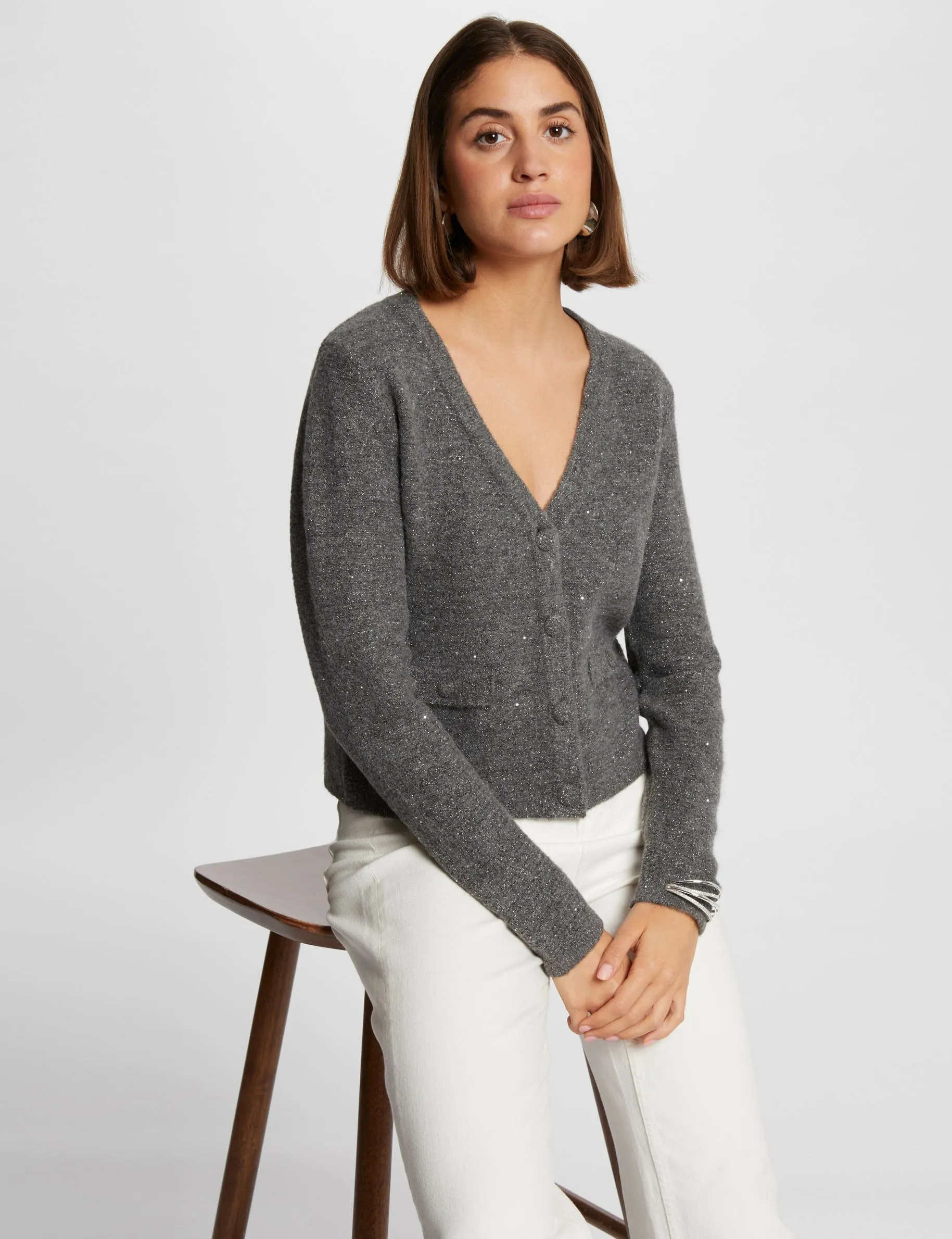 Long-sleeved cardigan V-neck anthracite grey women