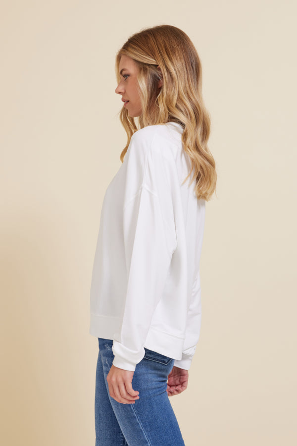 Majestic French Terry Long Sleeve Relaxed Pullover Crewneck in Blanc