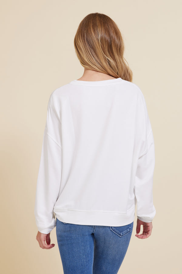 Majestic French Terry Long Sleeve Relaxed Pullover Crewneck in Blanc