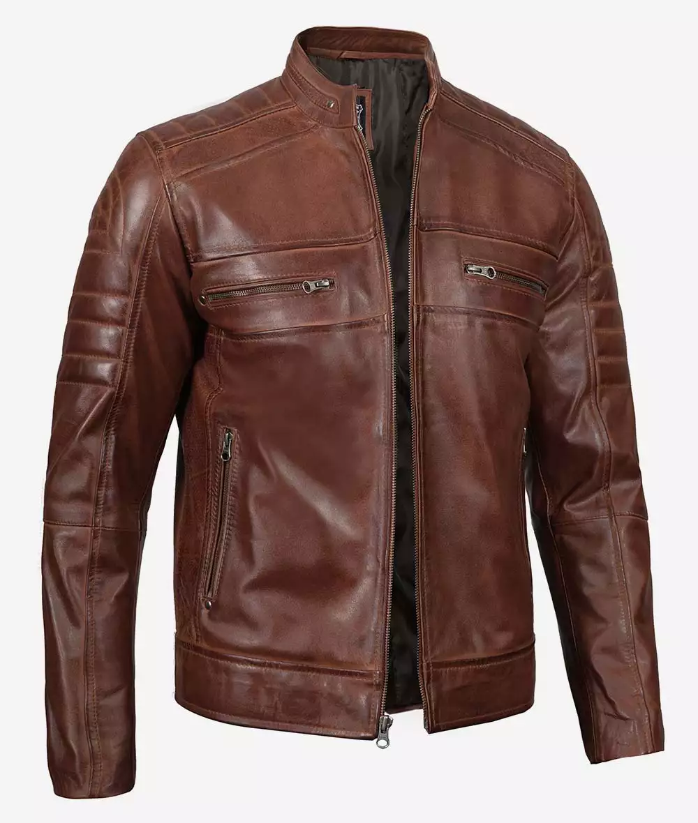 Mens Tall Perforated Cognac Waxed Cafe Racer Leather Jacket