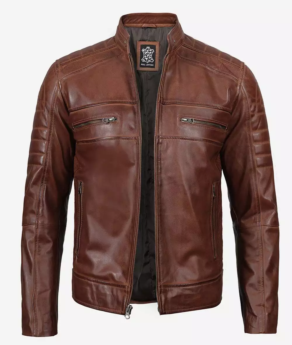 Mens Tall Perforated Cognac Waxed Cafe Racer Leather Jacket