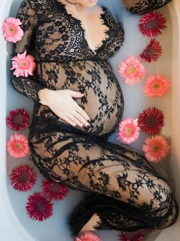 Momnfancy Floral Lace Deep V-neck Photo Shoot Pregnant Maternity Dress