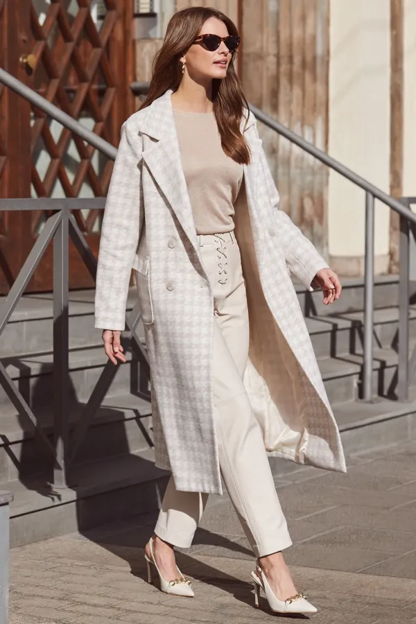 Natural Dogtooth Print Longline Coat