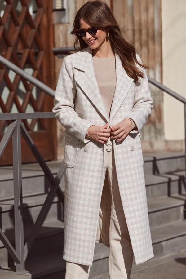 Natural Dogtooth Print Longline Coat