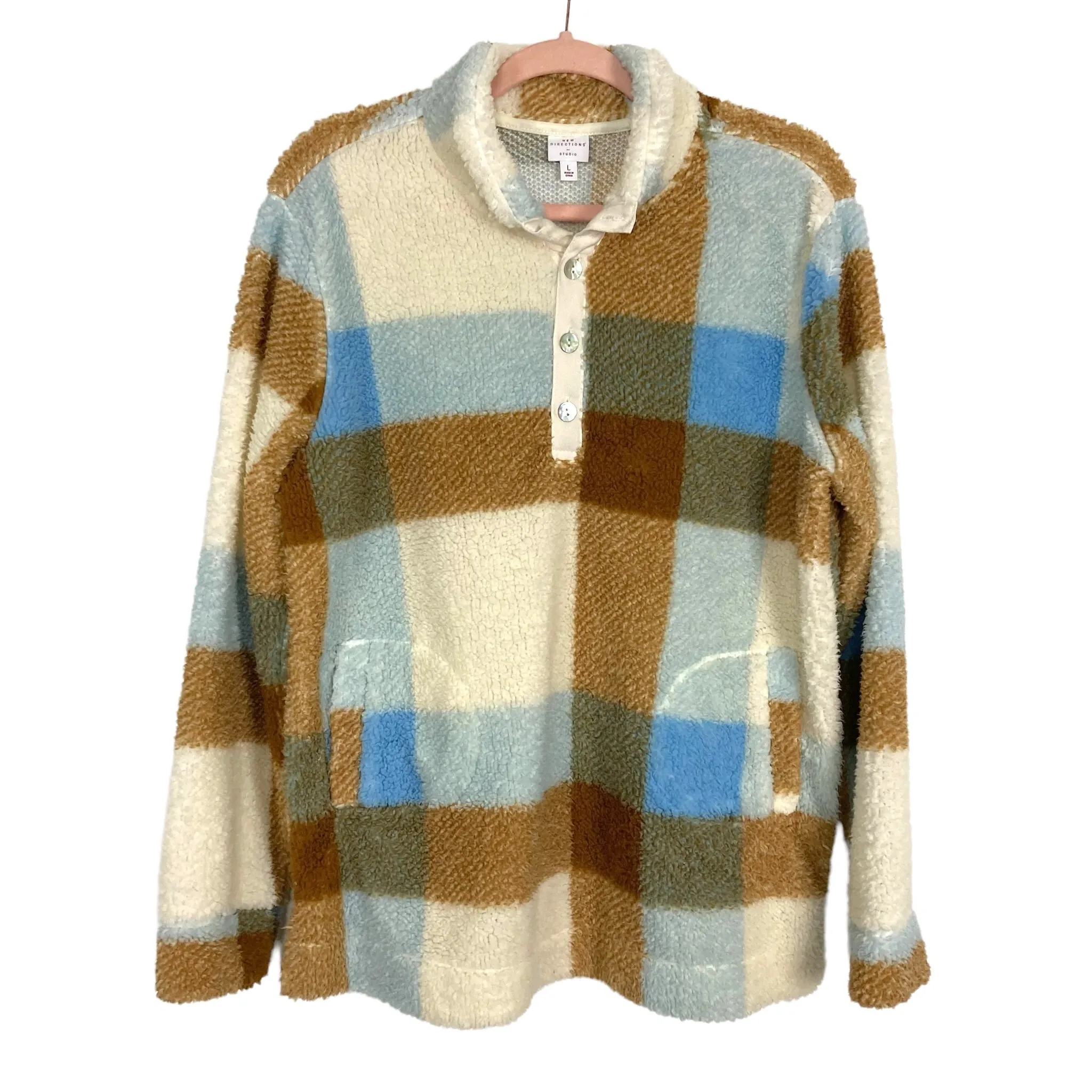 New Directions Cream/Blue/Brown Plaid Fleece Pullover- Size L