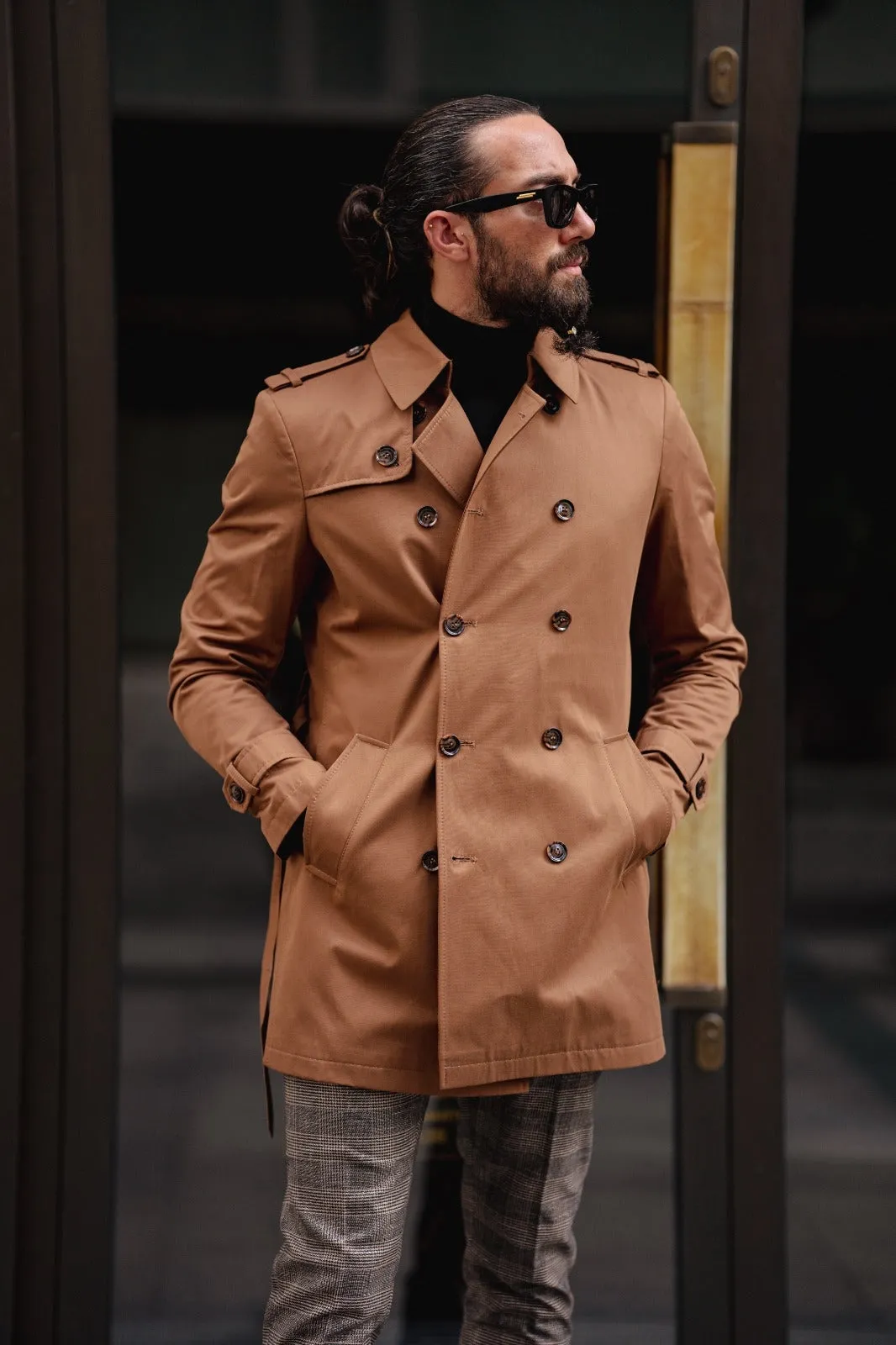 Paris Camel Slim Fit Double Breasted Long Coat