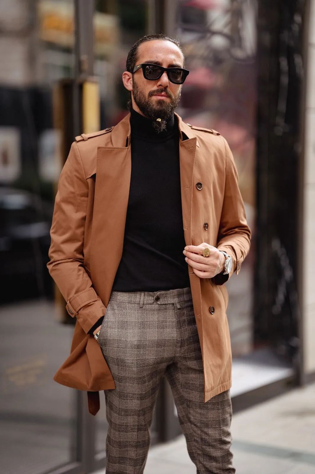 Paris Camel Slim Fit Double Breasted Long Coat