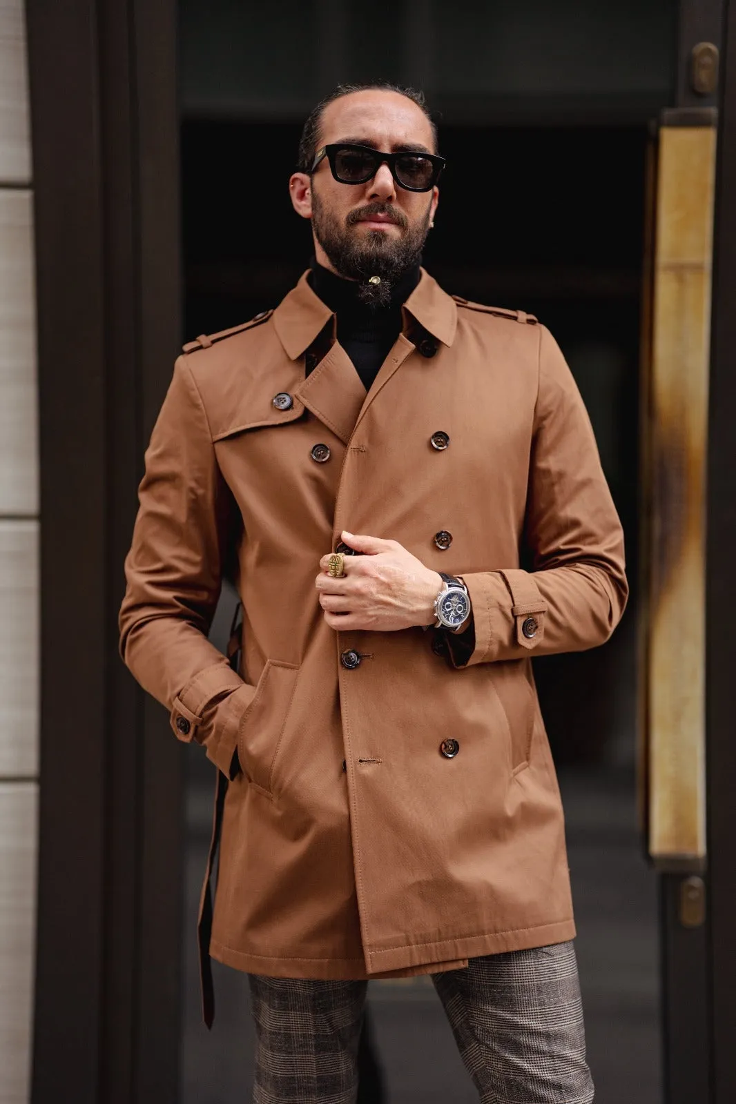 Paris Camel Slim Fit Double Breasted Long Coat