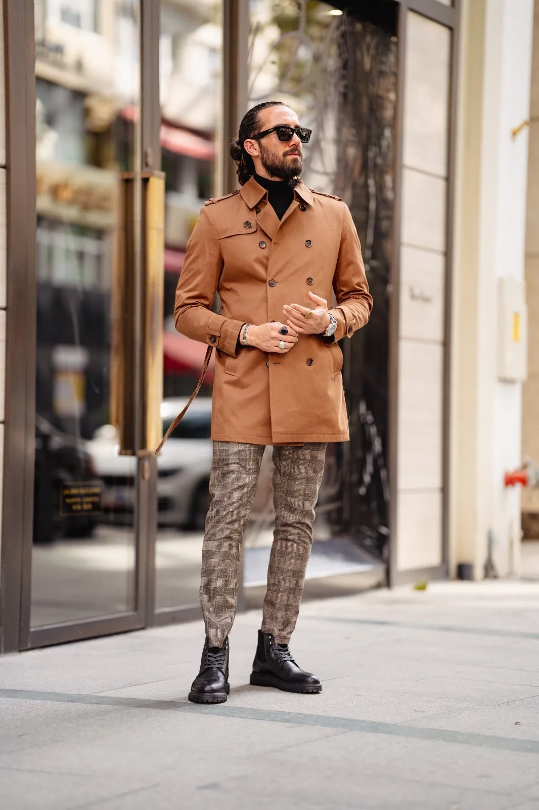 Paris Camel Slim Fit Double Breasted Long Coat