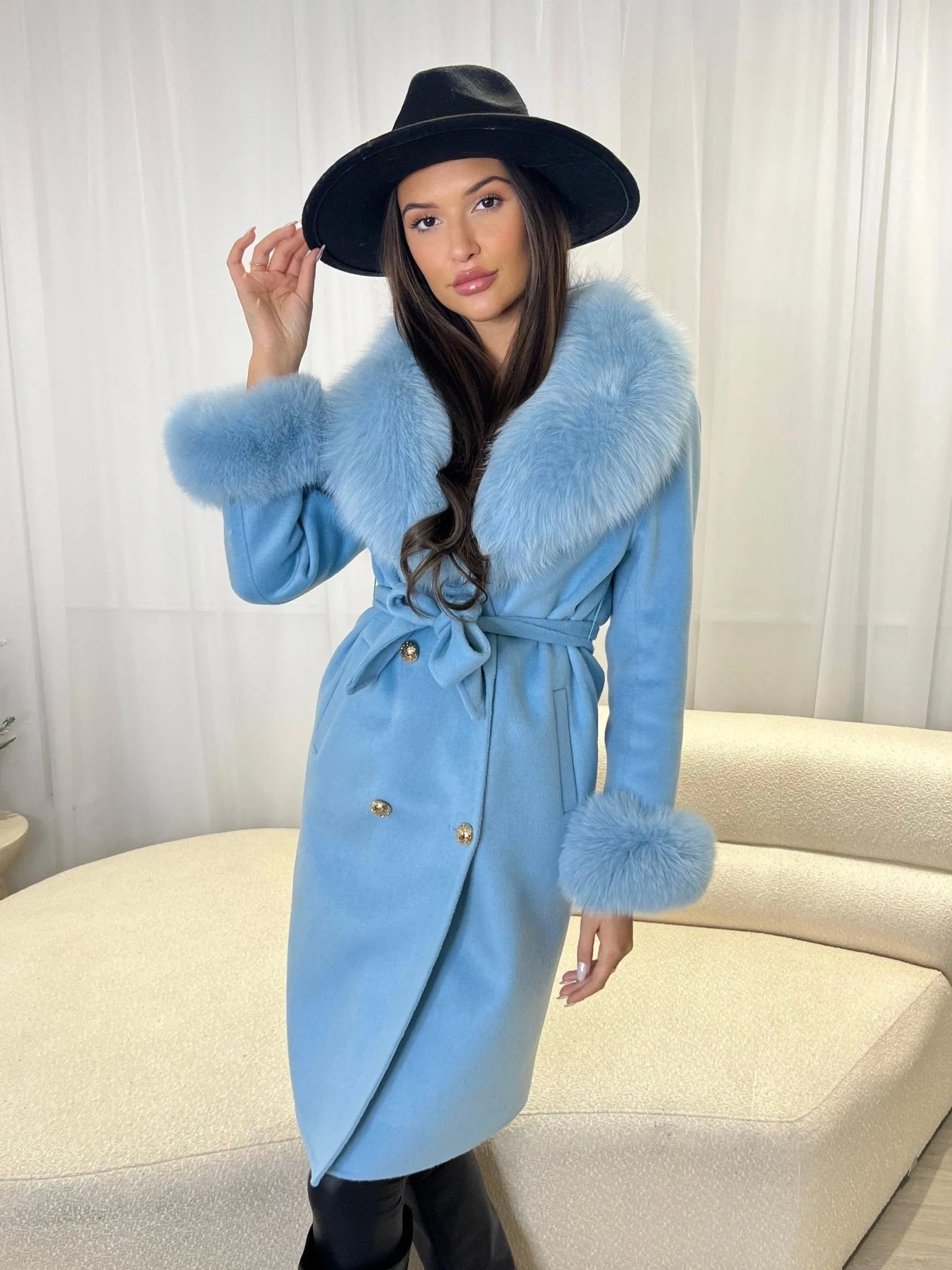 Pastel Blue Luxury Fur Cashmere Coat