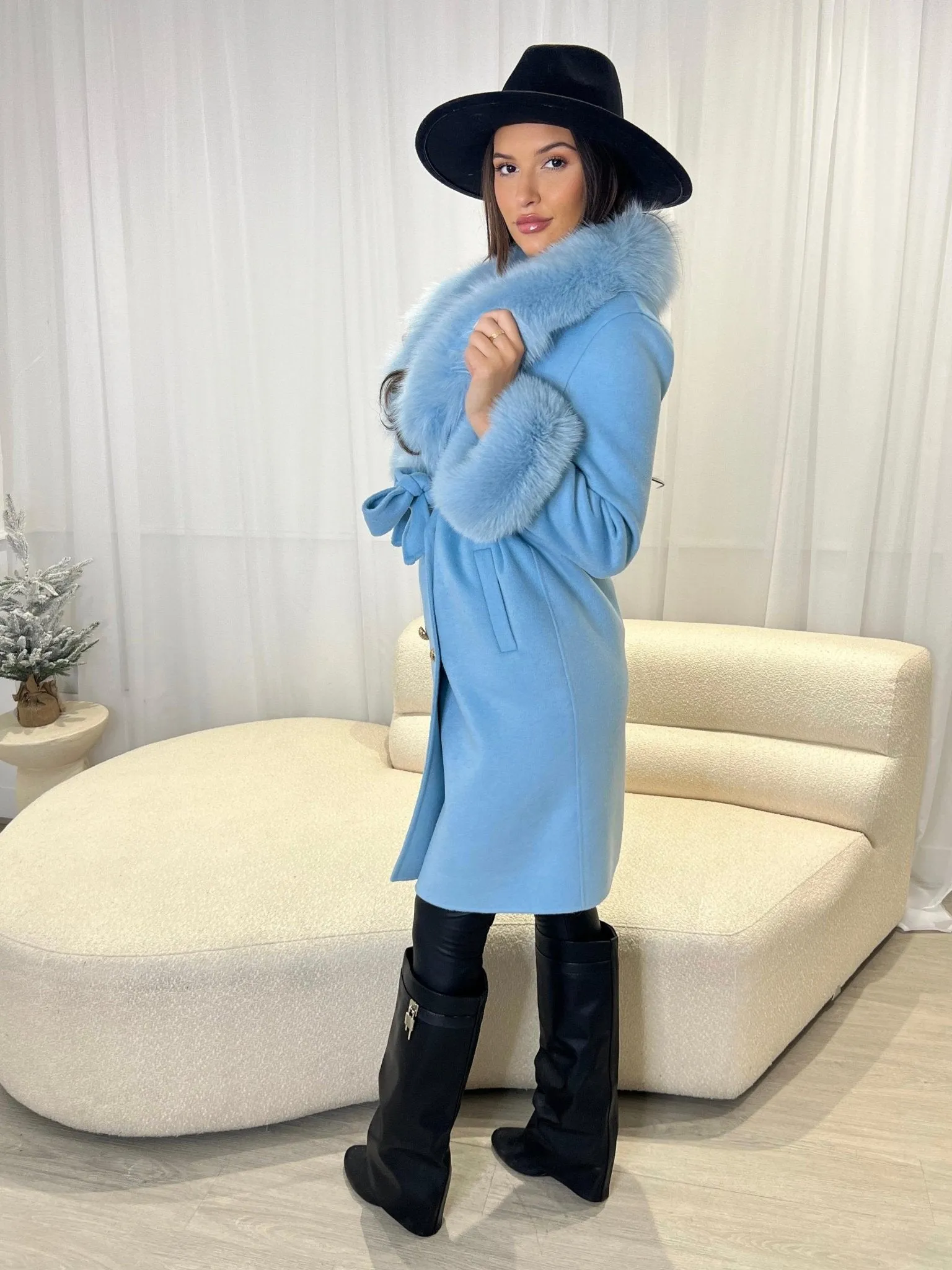 Pastel Blue Luxury Fur Cashmere Coat