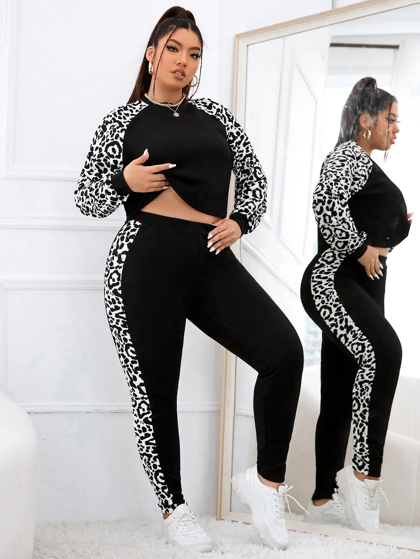 Plus Leopard Raglan Sleeve Tee Leggings