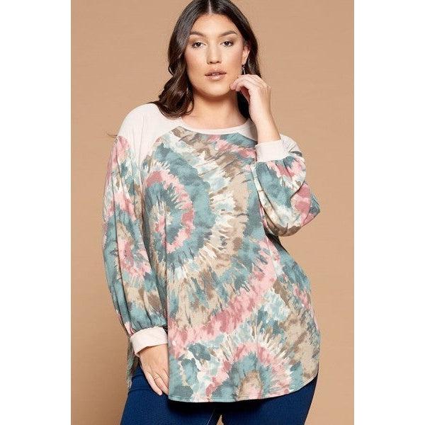 Plus Size Tie Dye French Terry Print Balloon Sleeve Top